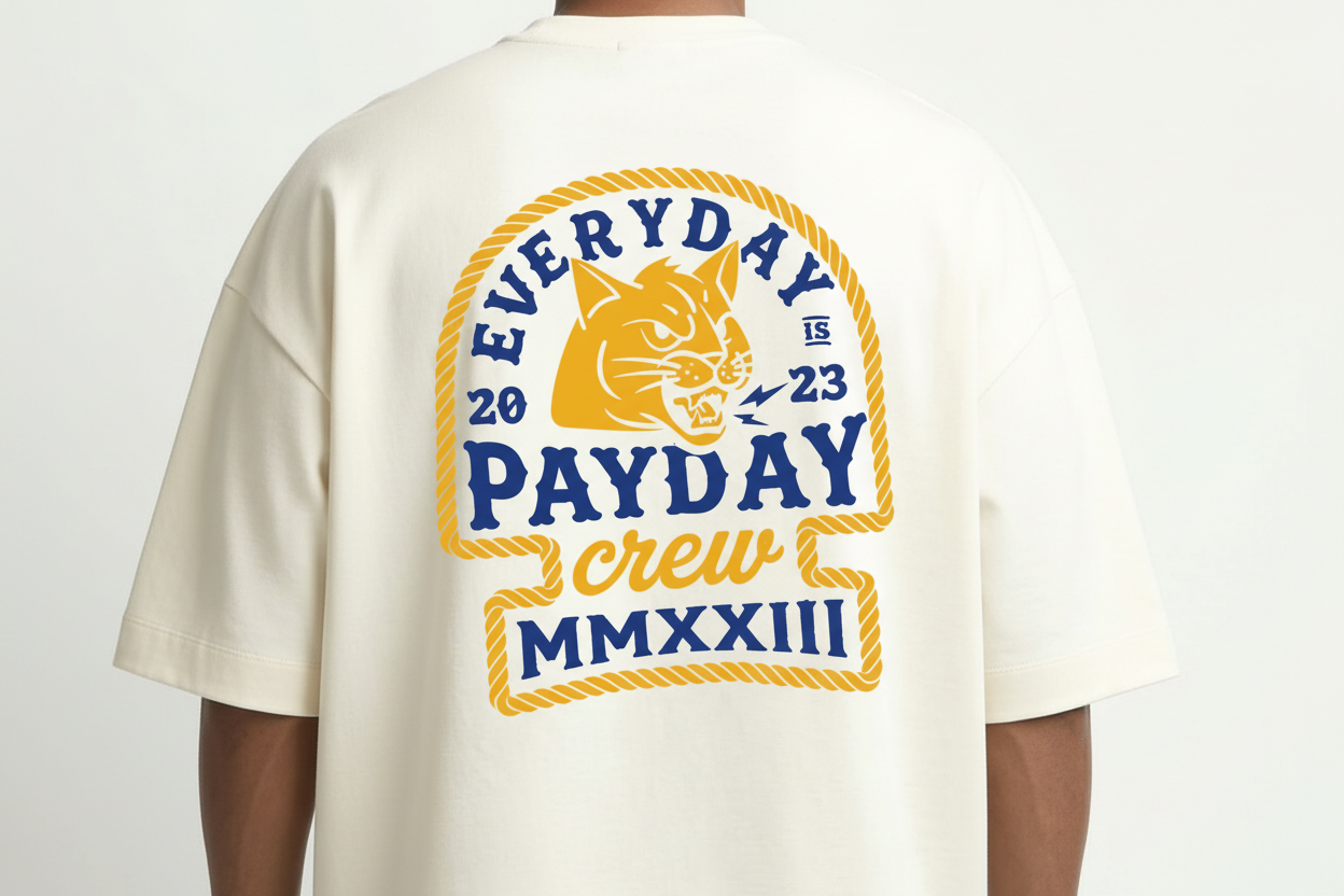White t-shirt with a graphic design on the back featuring text and a logo.